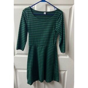 Old Navy Fit and Flare Dress Womens Small Green Black Striped 3/4 Sleeve Jersey
